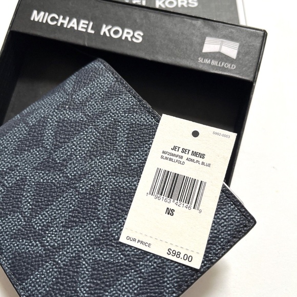 NWT 3pc MICHAEL KORS Slim Billfold Wallet Set Black Gray / Brown Navy Logo Boxed - Picture 4 of 16